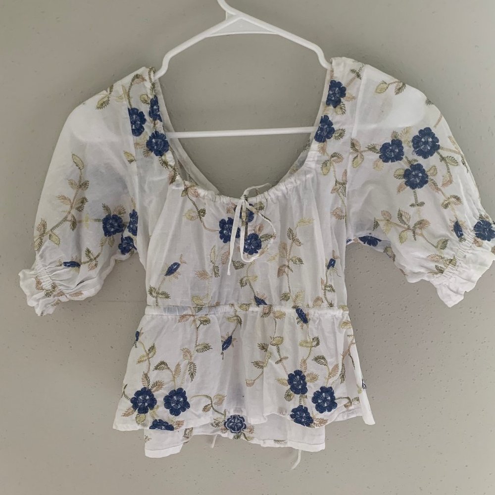 Floral Embroidery Milkmaid Stretch Pouf Sleeve Tie Neckline and Back Belle Top